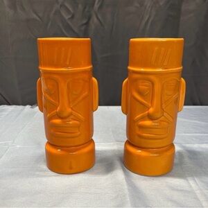 Orange Ceramic Tiki Vases - Set of 2